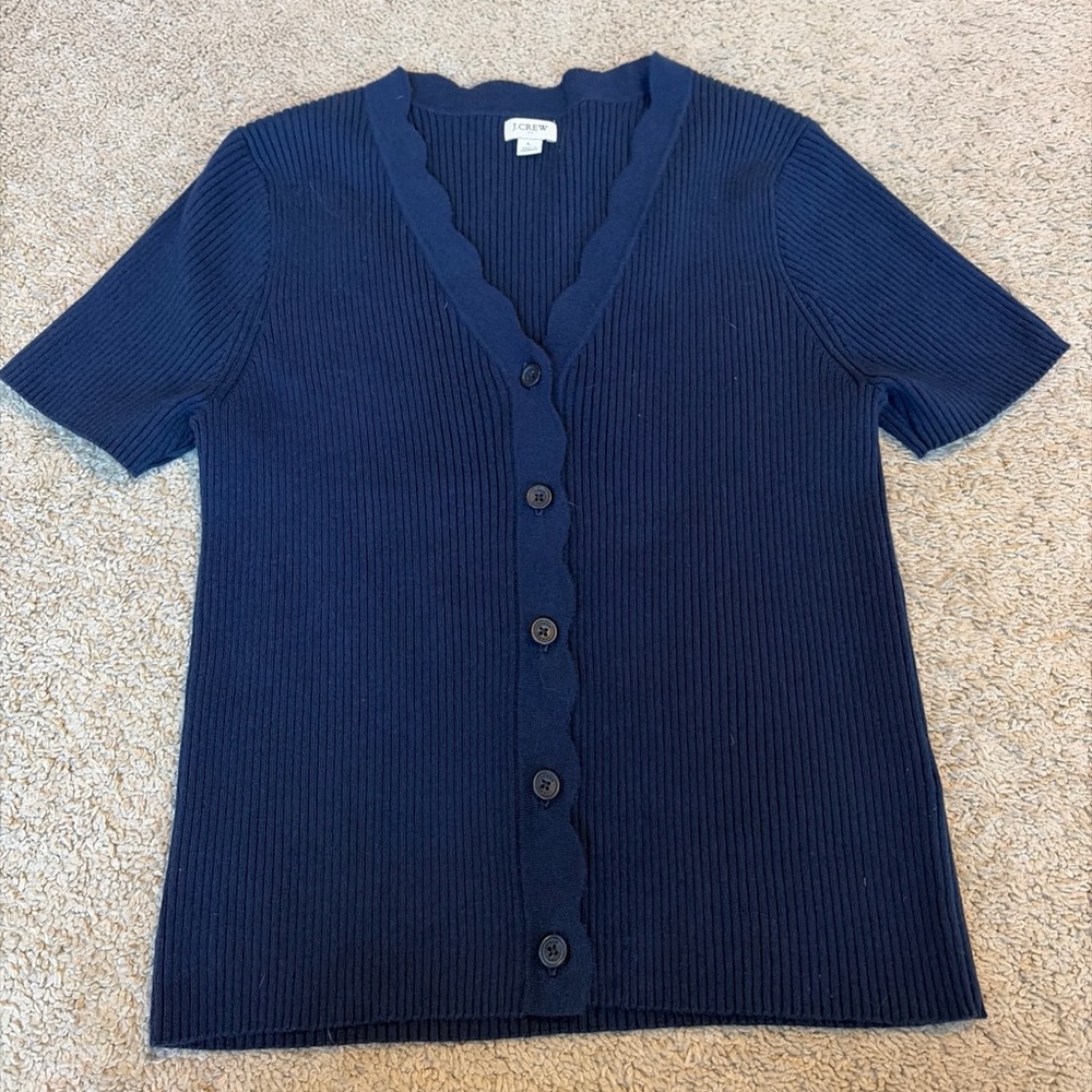 Womens J. Crew Navy Blue Scallop Short Sleeve Cardigan Sweater Size Large